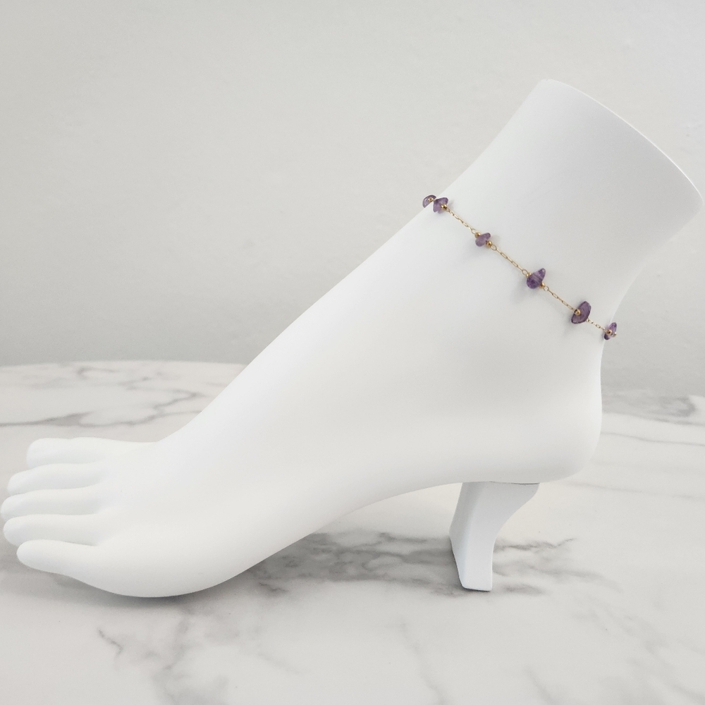 Minimalist Purple Dainty Stones 18K Gold Plated Anklet - Picture 3 of 15